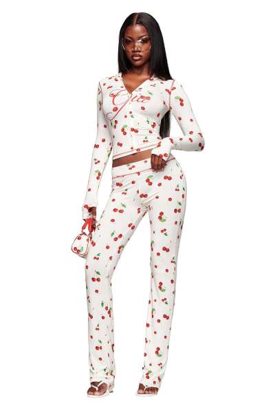 Printed cherry zipper hooded top, hip hugging pants set