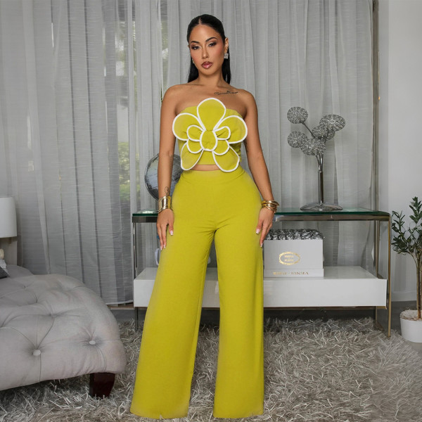 Flower strapless short top paired with solid color wide leg pants two-piece set