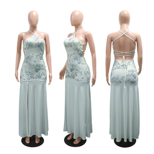 Lace up sleeveless sequin split waist dress