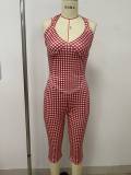 Red and white checkered neck strap, tight fitting cropped pants two-piece set