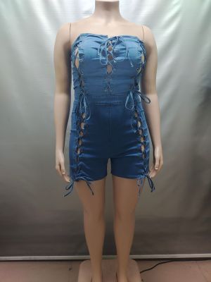 Backless, chest wrapped, lace up jumpsuit, denim jumpsuit, shorts