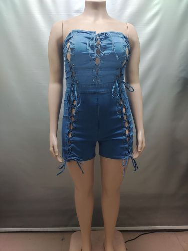 Backless, chest wrapped, lace up jumpsuit, denim jumpsuit, shorts