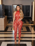 Lace sleeveless hanging neck lace up backless jumpsuit