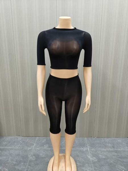 2-piece set of high elasticity bright see through mid length pants FF1500
