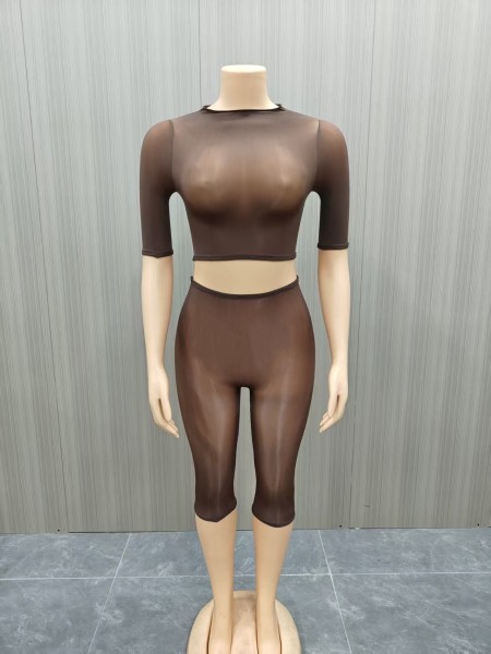 2-piece set of high elasticity bright see through mid length pants FF1500