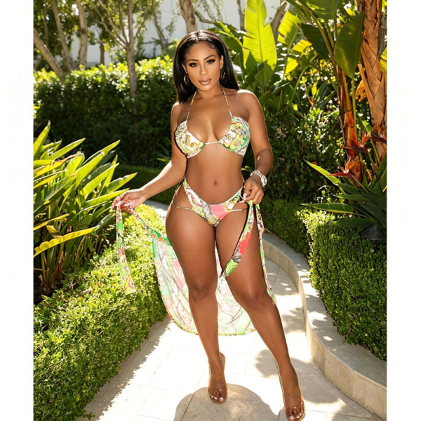 Strap printed swimsuit three piece set