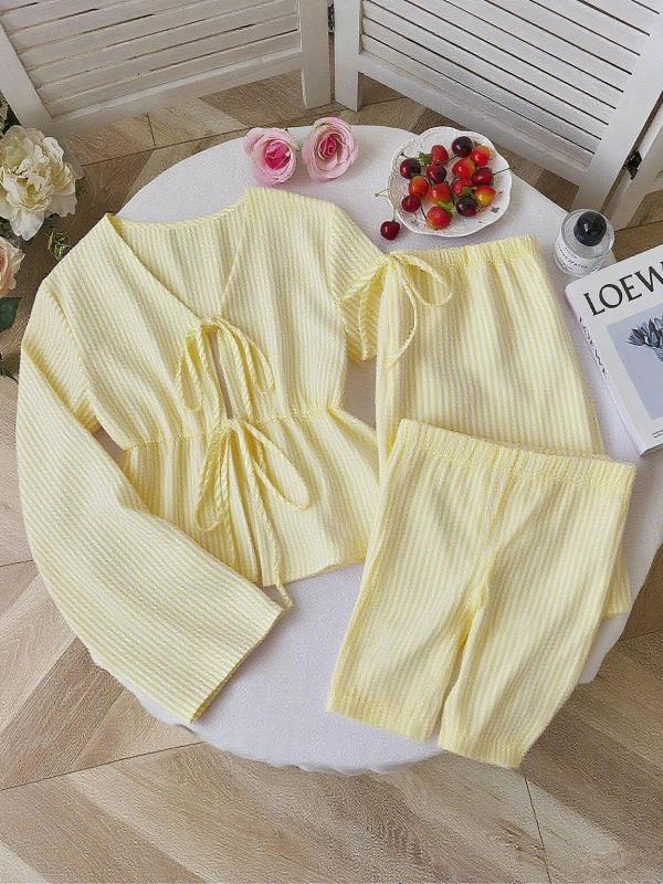 Striped loose lace up top two-piece set