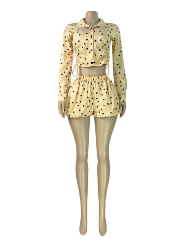 Dot print drawstring short shirt, bubble shorts, two pieces of pants