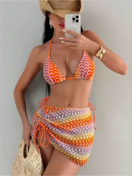 Striped strap split bikini swimsuit three piece set