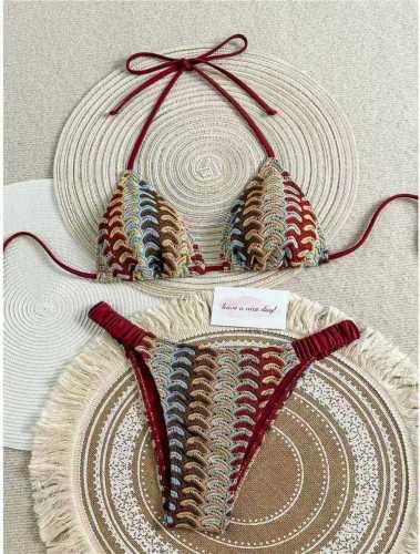 Lace up hollow knitted striped swimsuit