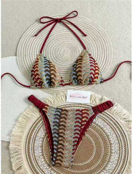 Lace up hollow knitted striped swimsuit