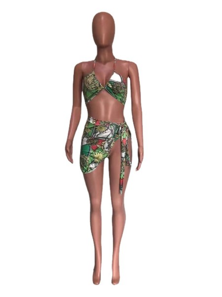 Strap printed swimsuit three piece set