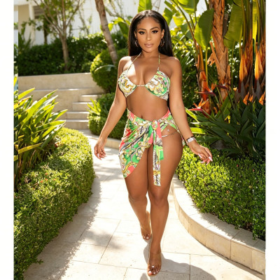 Strap printed swimsuit three piece set