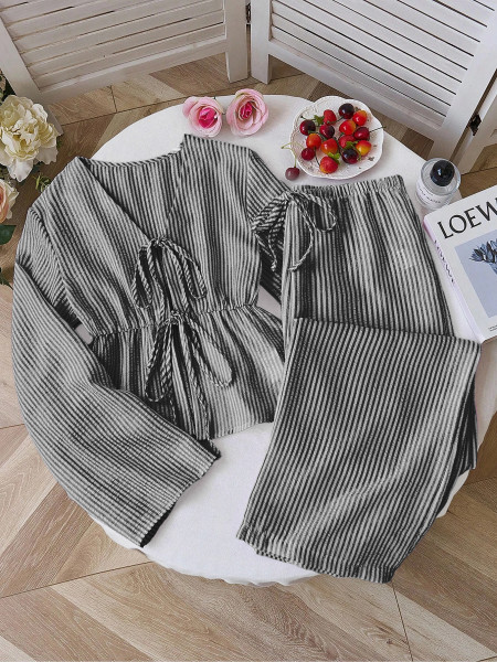 Striped loose lace up top two-piece set
