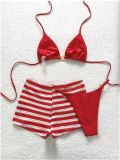 Red striped boxer shorts bikini three piece set