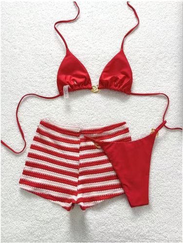 Red striped boxer shorts bikini three piece set