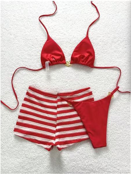 Red striped boxer shorts bikini three piece set