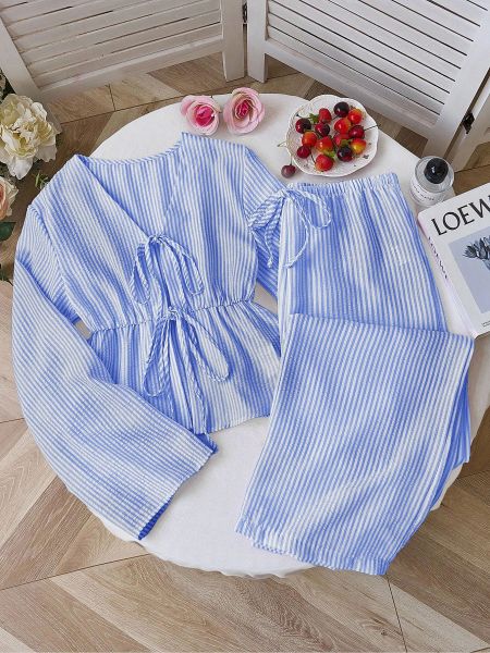Striped loose lace up top two-piece set