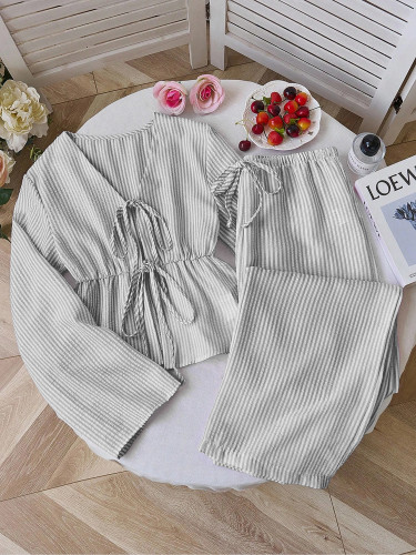Striped loose lace up top two-piece set