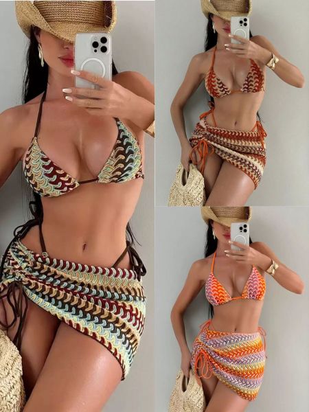 Striped strap split bikini swimsuit three piece set