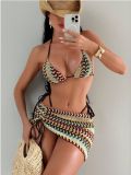 Striped strap split bikini swimsuit three piece set