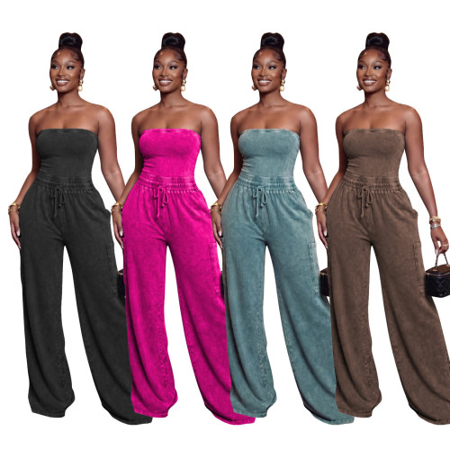 Washed strapless jumpsuit wide leg pants