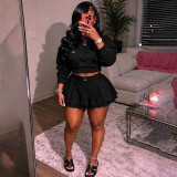 Two piece set of crop top hoodie and pleated skirt