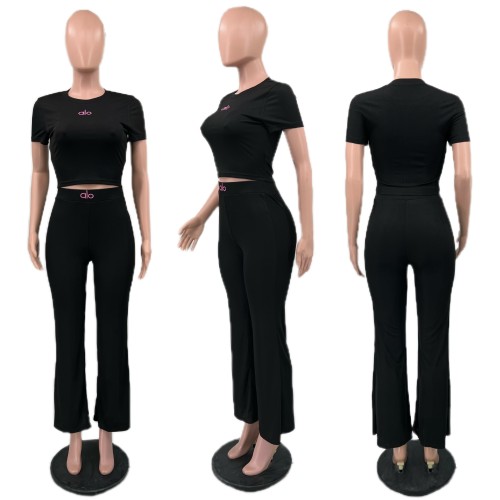 High elasticity, wide legs, high waist, slightly flared embroidery, tight fitting two-piece set