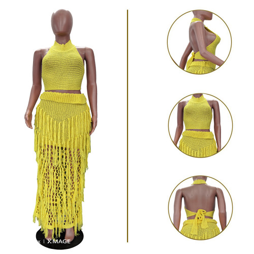 Knitted fringe beach skirt set