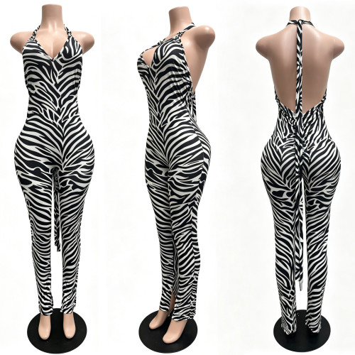 Printed vest with pleats, tie straps, backless split jumpsuit