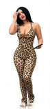 Printed vest with pleats, tie straps, backless split jumpsuit
