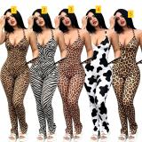 Printed vest with pleats, tie straps, backless split jumpsuit