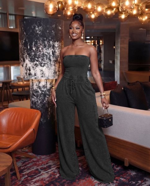 Washed strapless jumpsuit wide leg pants