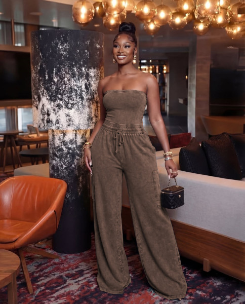 Washed strapless jumpsuit wide leg pants