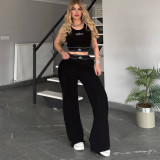 Two piece set of sports crop top and rhinestone vest pants