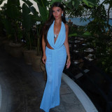Swinging collar, pleated hanging neck, backless top, hip hugging skirt set