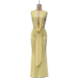 Swinging collar, pleated hanging neck, backless top, hip hugging skirt set
