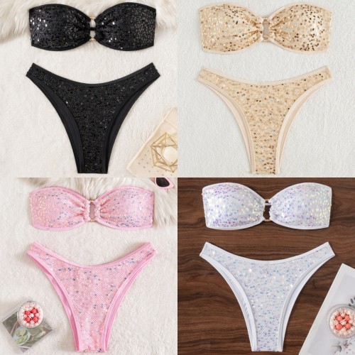 Split sequin solid color strapless bikini strap