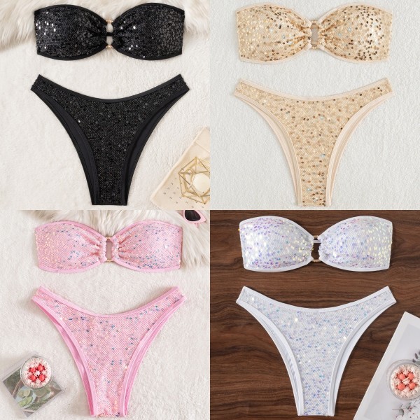 Split sequin solid color strapless bikini strap