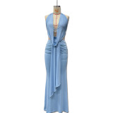 Swinging collar, pleated hanging neck, backless top, hip hugging skirt set