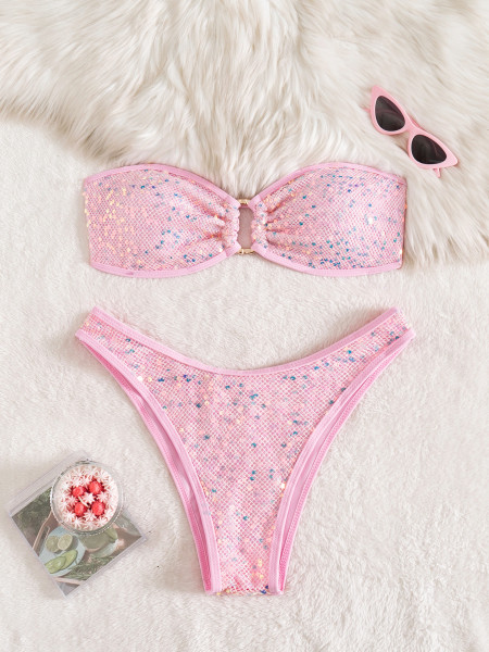 Split sequin solid color strapless bikini strap