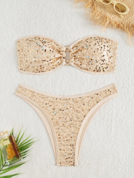 Split sequin solid color strapless bikini strap