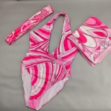 Square scarf+headscarf striped bikini swimsuit