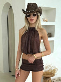 Two piece set of loose top with exposed navel and straps, sleeveless shorts