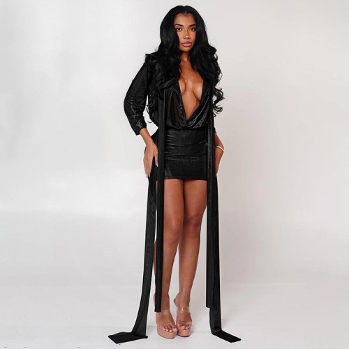 Transparent strap long sleeved top, hip hugging short skirt two-piece set