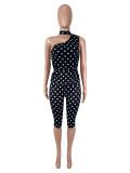 Mesh splicing polka dot printed single shoulder diagonal collar two-piece set