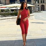 Mesh splicing polka dot printed single shoulder diagonal collar two-piece set