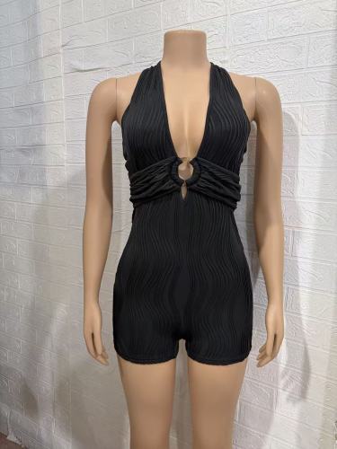 Pit striped multi-color hanging neck deep V-fold jumpsuit