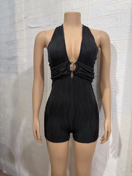 Pit striped multi-color hanging neck deep V-fold jumpsuit