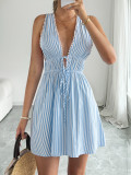Sleeveless striped deep V-neck dress